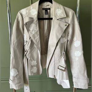Greige (grey/beige) color leather jacket with white embroidered flowers